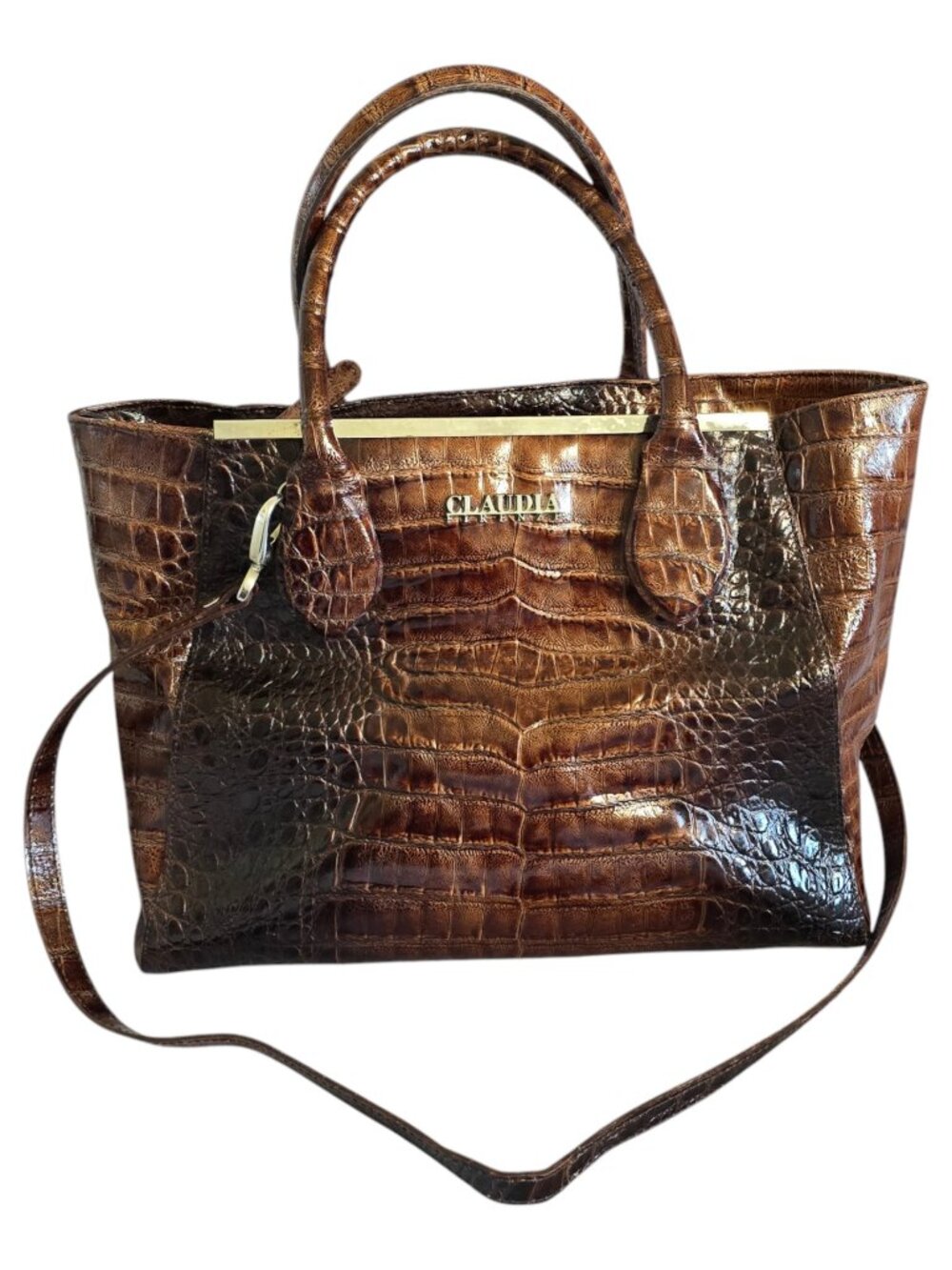 Claudia Firenze Crocodile Embossed Italian Leather Tote Satchel Bag Dark Brown